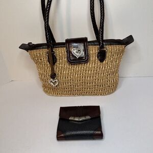 Brighton Wicker Straw Leather Shoulder Bag & Pebbled Leather Wallet Bundle